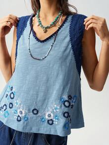 Bohemela Lässiges einfarbiges gestricktes V-Ausschnitt ärmelloses locker sitzendes Damen Tanktop - Blau - Übersicht 1