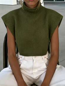 EMERY ROSE Women's Solid Color Stand Collar Casual Versatile Daily Knit Top - Army Green - View 3