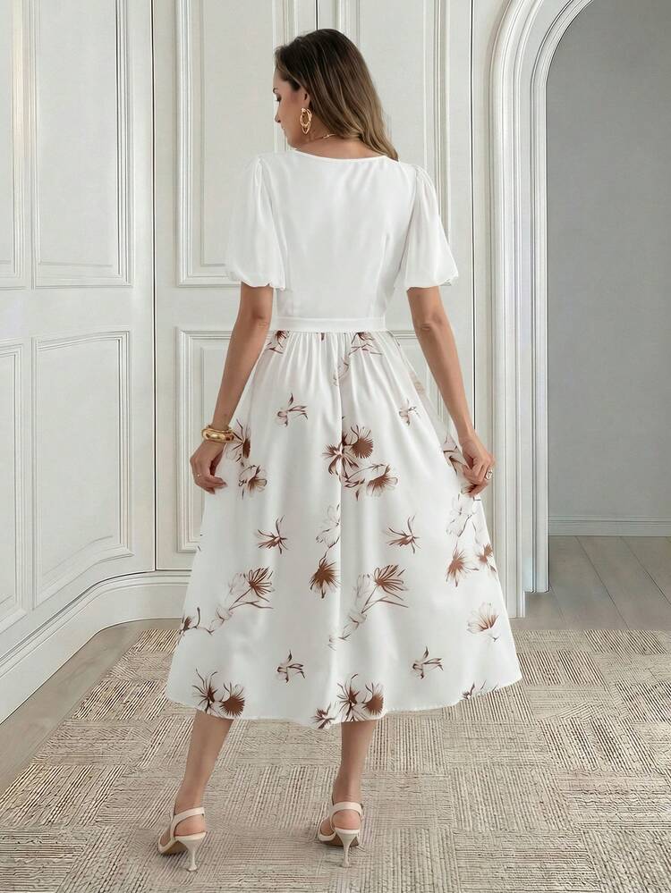 Women's Floral Print Overlapping V-Neck Short Petal Sleeve Elegant Long Dress,Summer Dress,Going Out Dress,Holiday Outfits For Women
