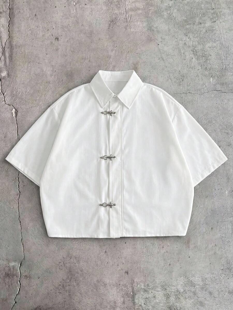 AXEPEAK 男士短袖休閒通勤襯衫,附飛機扣門襟 - 白色 - 查看 1