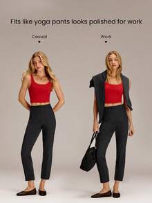 GLOWMODE Wrinkle-Resistant Stretchy Easy Pull-On High-Rise Waist Tapered Work Pants With Side Pockets Daily Casual Office  Spring Summer - Black - View 2