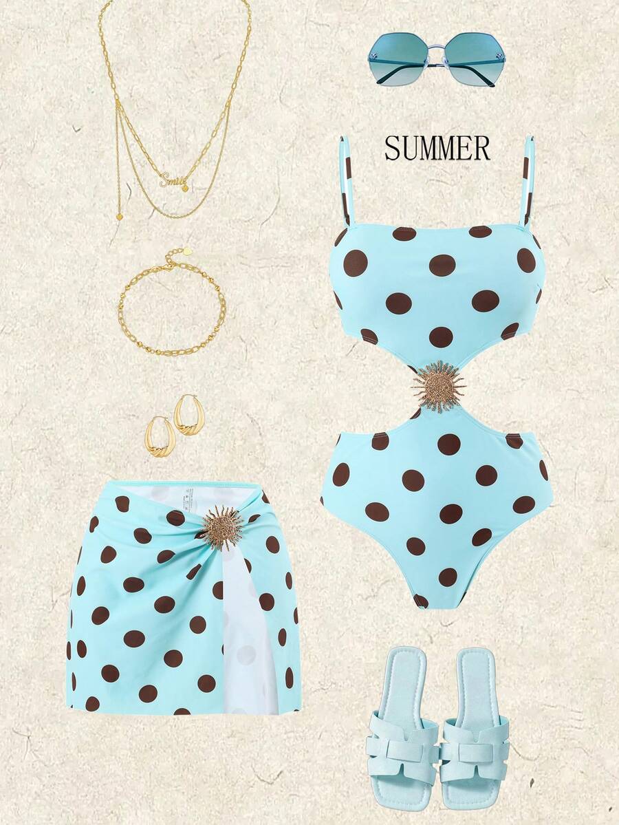 Swim Oasis Women's 2 Pieces Swimsuit Set With Polka Dot Print, Cutout Sunflower Skirt, Summer Holiday Beach Outfit - Multicolor - View 1