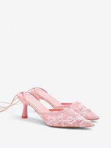 Eladyva Ladies Lace-Up Mesh Floral Closed Toe Sandals 7cm Stiletto Pointed Toe Ankle Strap High Heels, Pink Roman Style Fairy Shoes - Pink - View 6