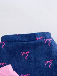 SHEIN Elladie kids 2件/組 女童幼童活力度假風草莓蝴蝶結印花丹寧感不對稱短褲 藍色&粉色組合，適合夏季出遊 - 彩色 - 查看 4