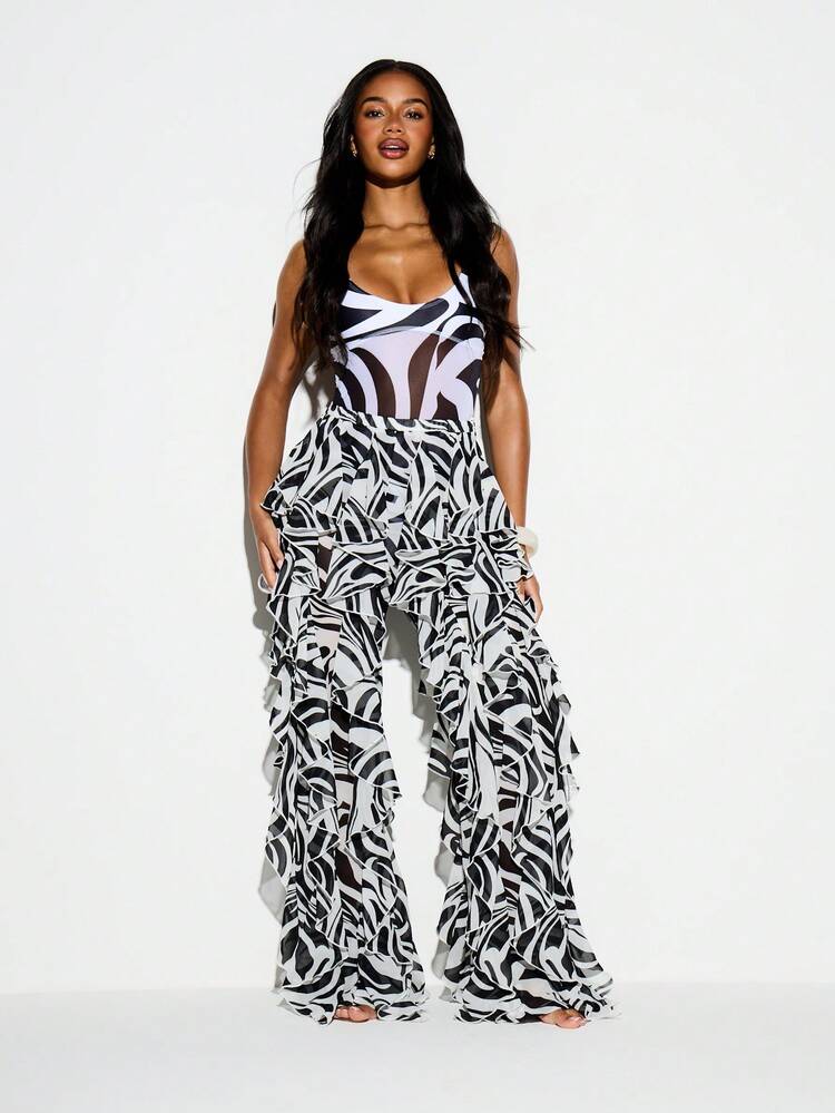 Swirl Print Ruffle Frill Flare Trouser
