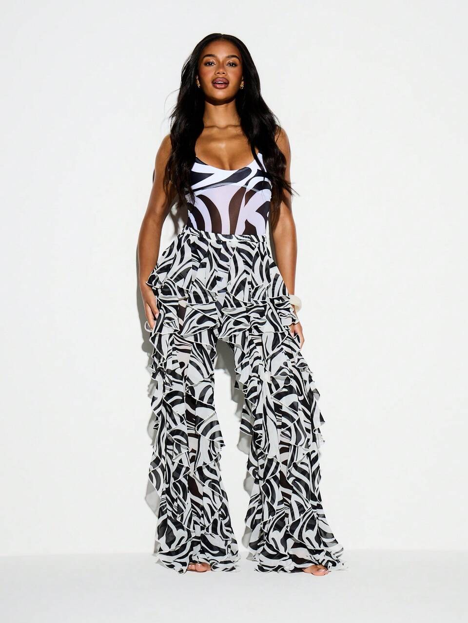 KIZN Swirl Print Ruffle Frill Flare Trouser