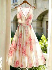 Franclia Elegantes Damen Sommerkleid mit Blumenmuster in A-Linie, elastisches Taillendesign, langes Rosen-Blumenkleid, V-Ausschnitt ärmelloses Blumenkleid, langes Blumenkleid, geeignet für den Sommer, elegant und vielseitig, geeignet für Urlaub, Arbeit und andere Anlässe, rosa Blumenkleid, fließendes Blumenkleid, Blumen-Ballkleid - Verschiedenfarbig - Übersicht 4