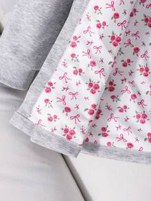 SHEIN Vintaside Kids 青少年女孩灰色連帽運動衫外套，秋季服飾，中長版花卉內裡單排扣大衣，韓系甜美風 - 灰色 - 查看 5