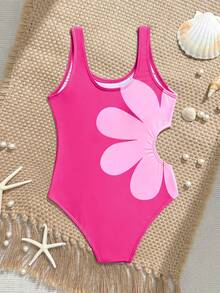 Baju Renang Terusan Motif Bunga Potongan Samping untuk Anak Perempuan, Modis, Cocok untuk Liburan di Pantai - Hot Pink - View 2