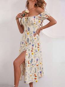 Breezaya Allover Floral Knot Split Thigh A-Line Milkmaid Dress Maxi Vacation Beach Outfits Women - Multicolor - View 5