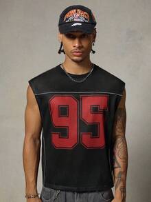 FRESIVO Men's Digital Print Contrast Color Casual Versatile Round Neck Tank Top - Black - View 4