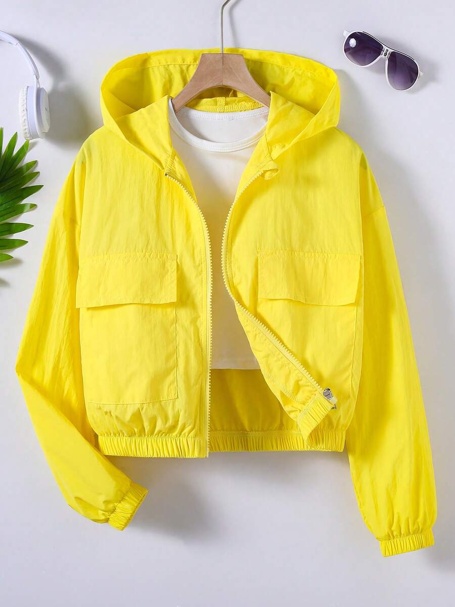 SHEIN 女童休閒時尚梭織面料連帽短版夾克外套,正面雙 3D 貨物口袋,寬鬆版型,舒適,適合春、夏、秋季,日常通勤、戶外玩耍、出遊、聚會及拍照 - 黃色 - 查看 1