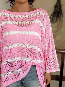 Travachic Sweater Lengan Kelelawar Berlubang Warna Polos Ukuran Besar Modis untuk Wanita, Pakaian Musim Gugur dan Musim Dingin - Berwarna merah muda - View 6
