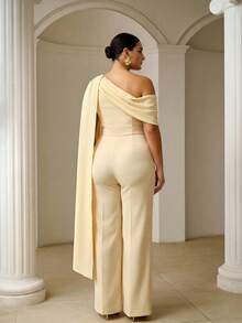 ZEYLAH Plus Size Women's Spring/Summer Asymmetrical Shoulder Ribbon Wide Leg Flare Jumpsuit - Light Yellow - View 6