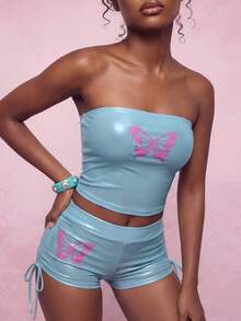 Modviera Fashionable Women's Blue Butterfly Print Tube Top - Blue - View 8