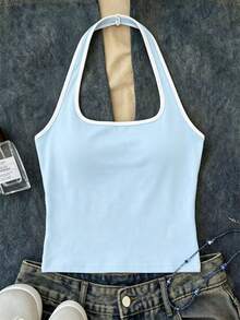 Tween Girls Blue Long Casual Halter Neck Top, Fitted Tank Top Suitable For Summer - White - View 1