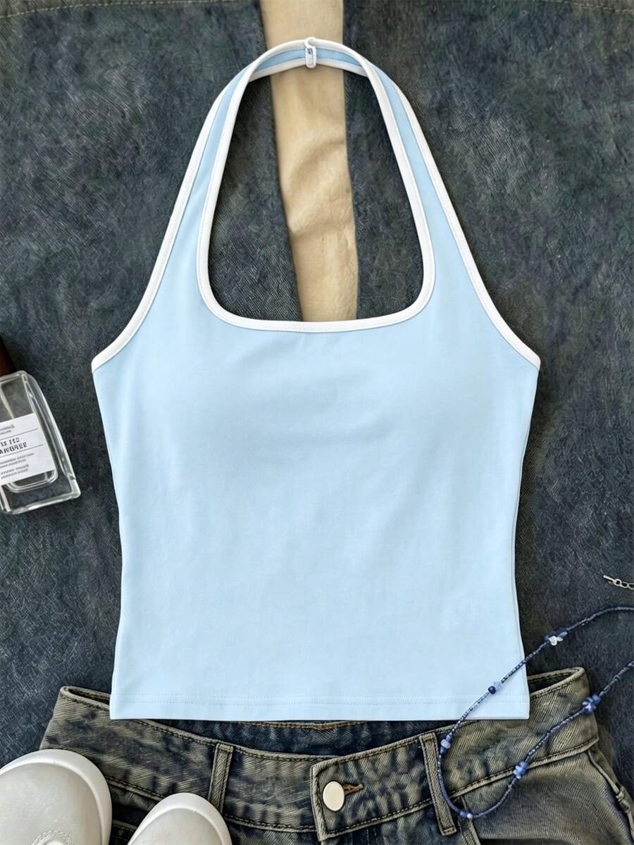 Tween Girls Blue Long Casual Halter Neck Top, Fitted Tank Top Suitable For Summer - White - View 1