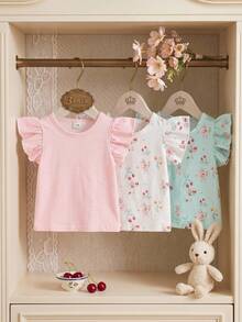 SHEIN Kaos Anak Perempuan Motif Garis Ungu Lembut, Pola Pita 3D, Leher Bulat, Lengan Pendek, Kasual, Sederhana, Serbaguna, 1 buah, Cocok untuk Pemakaian Sehari-hari Musim Semi/Panas. - MultiWarna - View 4