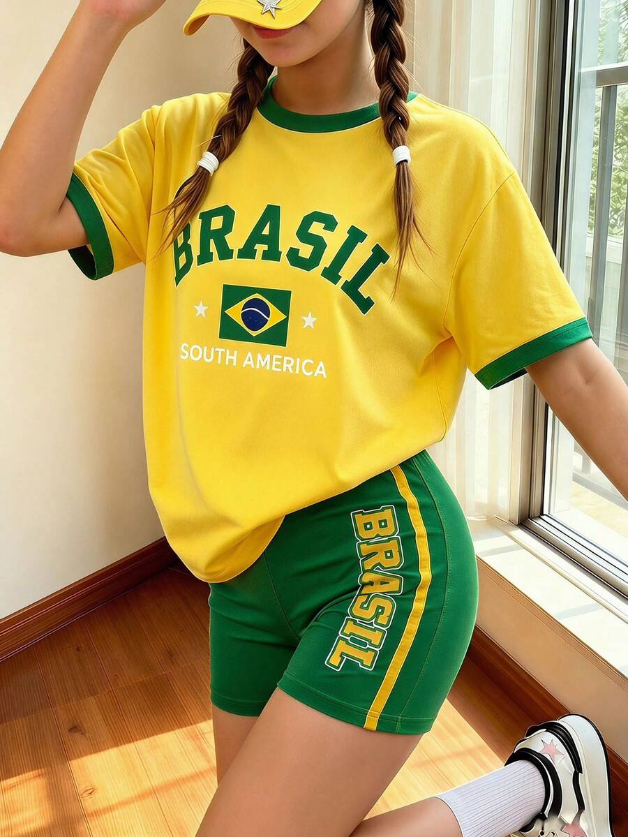 Spring And Summer Tween Girls Casual Fashion Creative Personalized High-End Refreshing Leopard Print Patchwork Graphic Letter Print Relaxed Back-To-School - Multicolor - View 1
