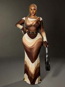 Maweii Plus Size Color Block Round Neck Sheer Sexy Long Sleeve Dress - Apricot - View 5