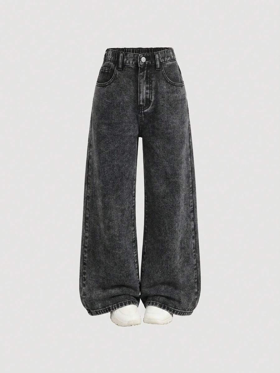 SHEIN 青少年女孩休閒牛仔寬鬆寬腿長褲附口袋 - 黑色 - 查看 1