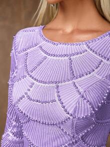 Coutiva Women's Beaded Decor Round Neck Long Sleeve Elegant Formal Evening Gown (Heavy Workmanship Style) - Mauve Purple - View 5
