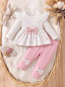 SHEIN Newborn Spring/Autumn Brown Heart Print Top With Bow Knot Decor Pure Black Long Pants 2-Piece Set Suitable For Outings, Sports, Christmas Parties - Baby Pink - View 3