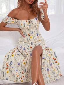 Breezaya Allover Floral Knot Split Thigh A-Line Milkmaid Dress Maxi Vacation Beach Outfits Women - Multicolor - View 6