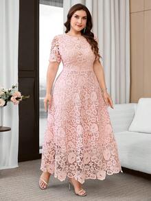 Reflora Plus Size Elegant Solid Color Lace Party Dress - Pink - View 4
