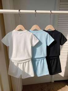 SHEIN 3套/6件裝 男童休閒口號印花短袖圓領T恤與短褲套裝，適合日常休閒、度假、運動、旅行，適用於夏季 - 彩色 - 查看 4