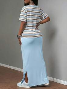 Slaydiva Summer Women's Short Sleeve Top And Skirt 2pcs Casual Daily Y2k Loungewear Going Out Vacation Back To School Holiday Blue And White Striped Baby Blue - Multicolor - View 3