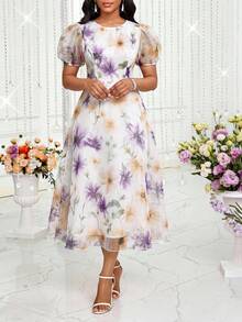 SHEIN Lady 女款優雅花卉印花中長洋裝，適合夏季 - 彩色 - 查看 4
