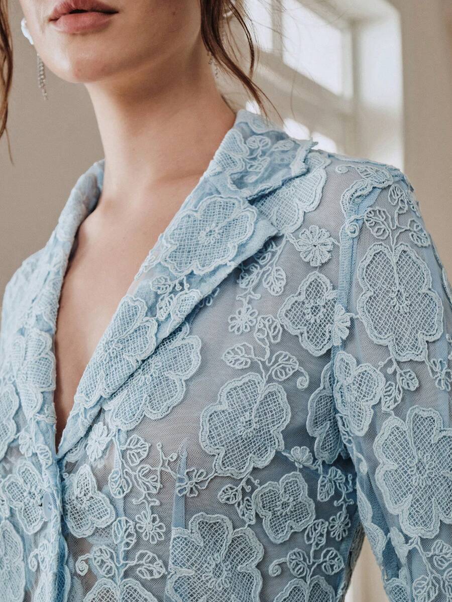 Anewsta Women's Blue Blazer Jacket With Lapel, Padded Shoulders, Floral Lace And Resin Buttons, Slim Fit Waist, Long Sleeve Cardigan, French Elegant Elegant Blouse - Blue - View 1
