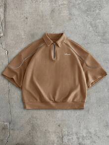 AXEPEAK Men's Dropped Shoulder Short Sleeve 1/4 Front Zip Minimalist Polo Shirt - Coffee Brown - View 4
