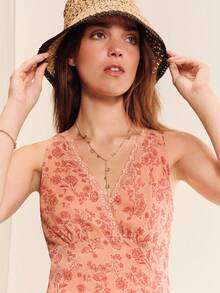 lacRébo Orange Floral Sleeveless Mini Dress With Lace-Trim, V Neckline, Underbust Seam And A-Line Shape Summer Vacation Dress - Pink - View 5