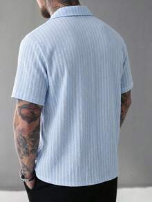 Manfinity Homme Men's Simple Solid Color Textured Front Button Short Sleeve Shirt, Summer - Blue - View 2
