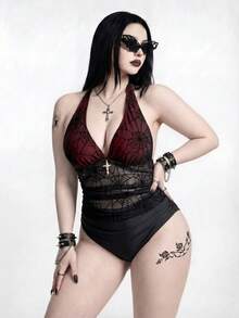 ROMWE Goth 2026新款春夏大尺碼女款度假海灘蜘蛛網網格掛脖式分體式比基尼套裝 - 彩色 - 查看 3
