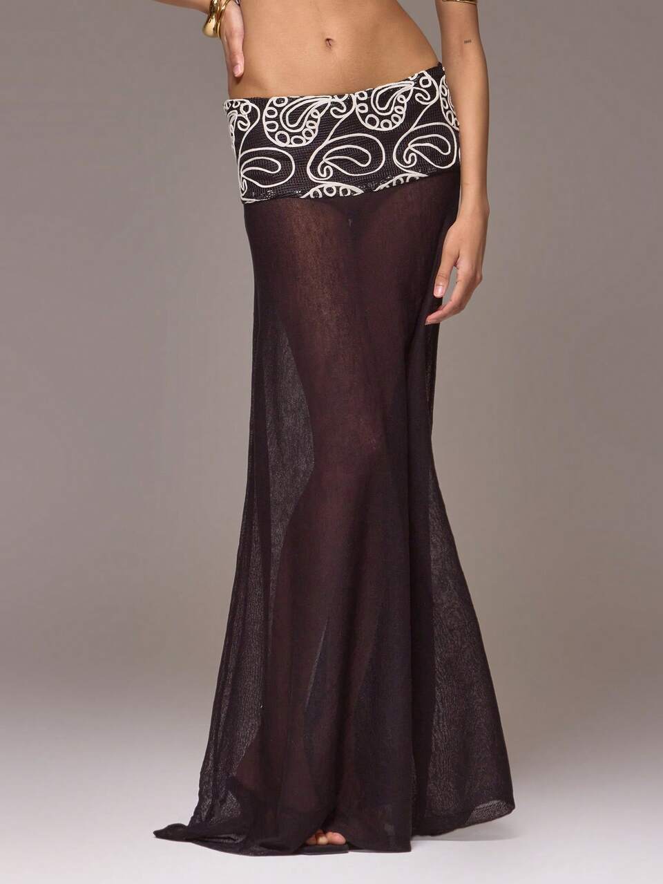 Black Low Rise Embroidered Maxi Skirt
