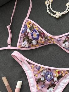 Costavie 夏季海灘女款兩件式套裝 刺繡亮片迷你罩杯雙肩帶上衣比基尼 雙繩泳褲 性感海灘度假泳裝套裝 - 粉色 - 查看 8