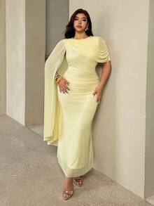 Auralis Yellow Summer Seaside Formal Evening Maxi Dress: Fitted, Ruched, Mermaid-Style With Elegant Cape-Like Flared Sleeves Metal Shoulder Buckle Wedding - Yellow - View 4