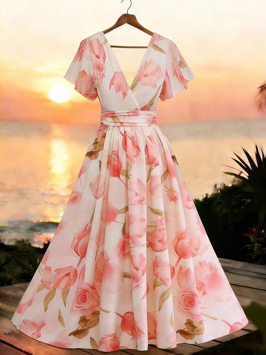 GlowEve CURVE 大尺碼女款 2026 春夏新品優雅花卉印花長洋裝,夏季女裝太陽裙優雅洋裝晚禮服婚禮女裝復活節女裝浪漫洋裝婚禮賓客裙 - 粉色 - 查看 1