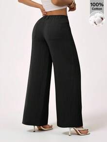 SHEIN PETITE Celana Panjang Lurus Pinggang Rendah 100% Katun Cuci, Wanita Bertubuh Mungil - Hitam - View 4