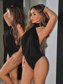 SHEIN ICON 女款素色掛脖露背性感約會連身衣 - 黑色 - 查看 4