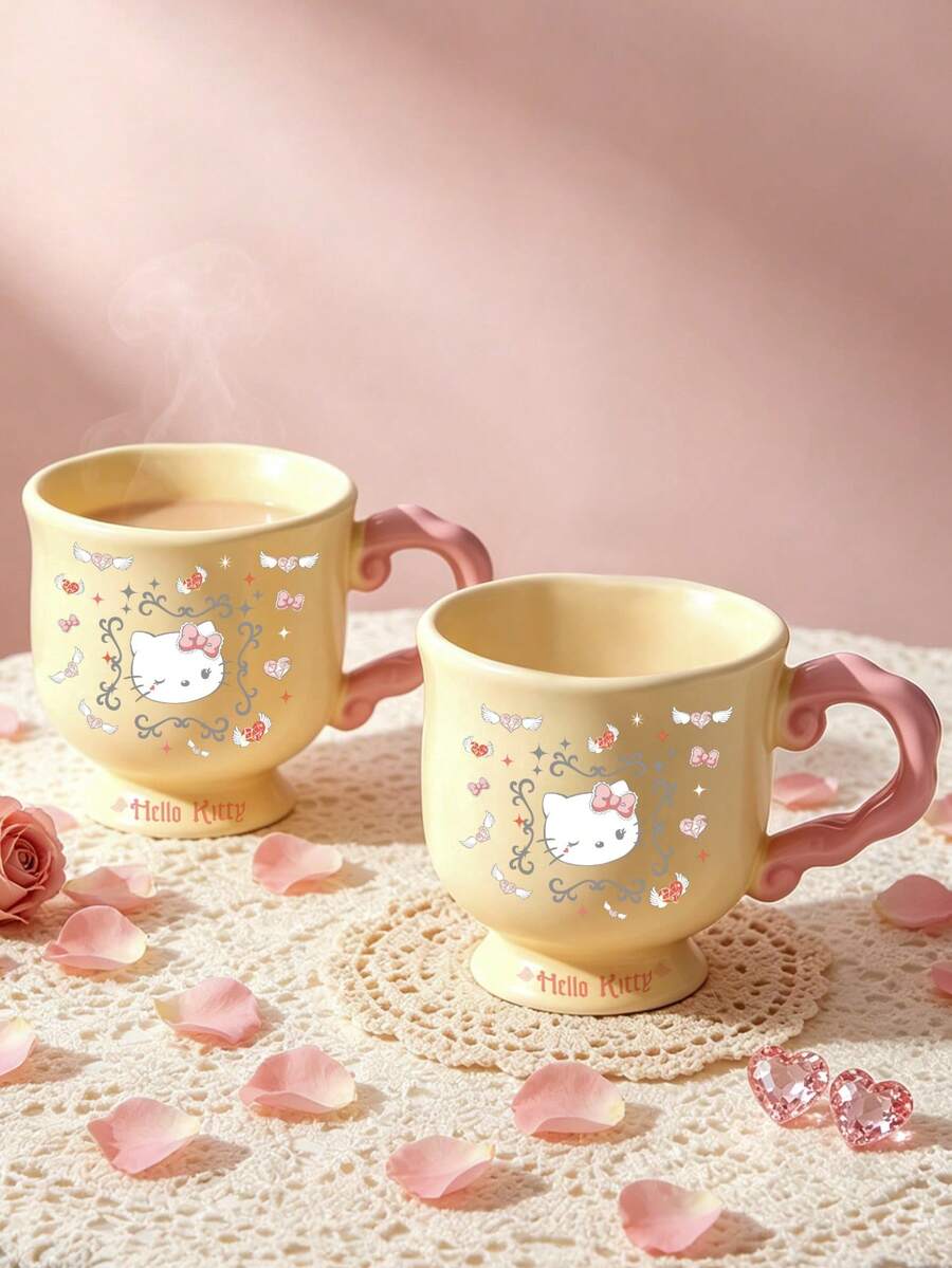 HELLO KITTY AND FRIENDS | SHEIN 1 Stück Hello Kitty cremegelbe Keramik Tasse, einzigartige gedrehte rosa geschwungene Griff Fuß Kaffeetasse, Vintage Rahmen Engel Herz Flügel Muster Kawaii Trinkbecher, süße Milchtee Tasse für Mädchen, ideal für Zuhause Frühstück, Büro täglicher Gebrauch & Geburtstags-Feiertagsgeschenk - Verschiedenfarbig - Übersicht 1