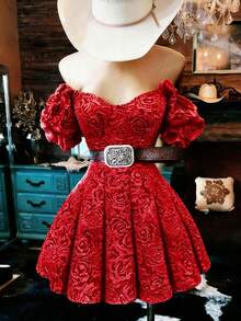 SHEIN Vestido Curto Feminino de Verão Romântico Elegante Vintage Anos 50 para Férias, Tecido Texturizado com Flores 3D, Bainha Plissada, Cintura Marcada, Festa e Encontro, Vermelho - Vermelho - Visão 4
