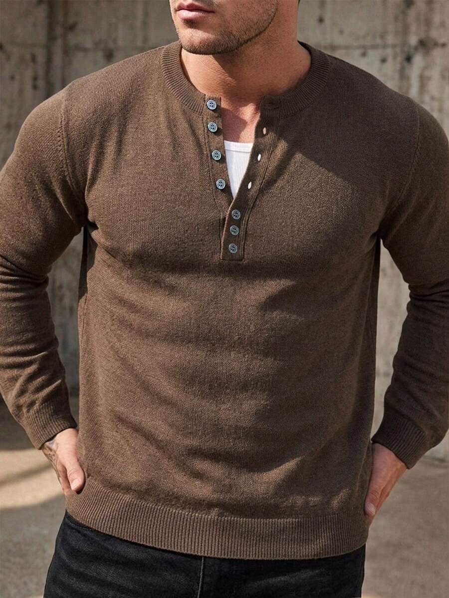DAZY Spring/Summer Textured Fabric Brown Half-Open Front Men's Plus Size Knit Top - Brown - View 1
