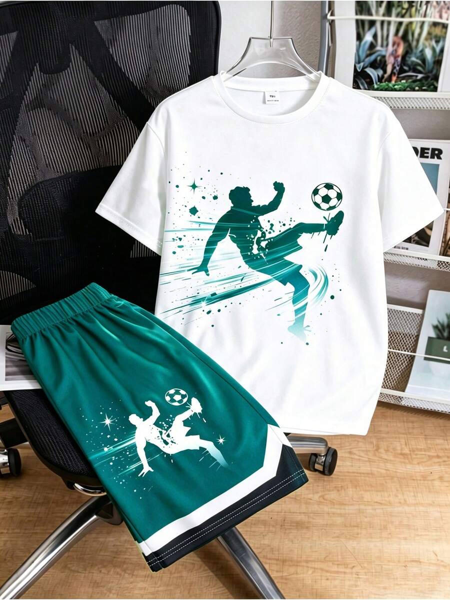 Boys' Summer Sports Set,White Casual Graphic Football Player Print T-Shirt & Shorts 2pcs,Toddler Vacation Training Outfit,Children Round Neck Jersey - Multicolor - View 1