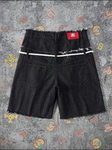 Paul Frank X SHEIN Men's Hip-Hop Design Cartoon Pattern Print Button Tie Frayed Denim Shorts - Black - View 2