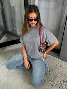 Siren Gaze Women's Minimalist Casual Basic High-Low Hem T-Shirt Everyday Grey Summer - Grey - View 5