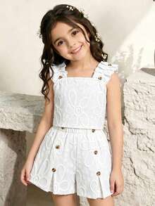 Tween Girl Solid Color Jacquard Tank Top + Shorts 2 Pieces Set - White - View 3